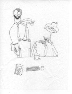 A drawing of two people with one holding something in his hand.