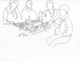 Minimalist drawing of people around a dining table with food