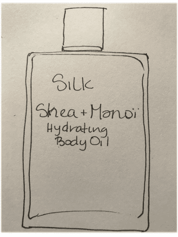 A drawing of a bottle with the label " silk shea & honoi hydrating body oil ".